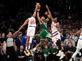 New York Knicks' Mikal Bridges intercepts the pass of Boston Celtics' Jayson Tatum. PHOTO COURTESY OF NEW YORK KNICKS