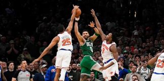 New York Knicks' Mikal Bridges intercepts the pass of Boston Celtics' Jayson Tatum. PHOTO COURTESY OF NEW YORK KNICKS