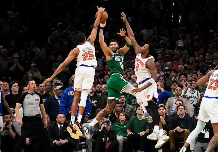 sports-NBA New York Knicks' Mikal Bridges intercepts the pass of Boston Celtics' Jayson Tatum. PHOTO COURTESY OF NEW YORK KNICKS