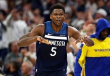 Anthony Edwards celebrates a three-pointer in Minnesota Timberwolves' series-leveling win of Golden State Warriors. GETTY IMAGES
