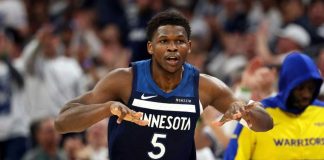 Anthony Edwards celebrates a three-pointer in Minnesota Timberwolves' series-leveling win of Golden State Warriors. GETTY IMAGES