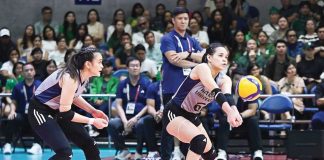 National University Lady Bulldogs’ Evangeline Alinsug dugs the ball. UAAP PHOTO