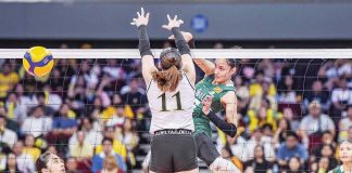 Ilongga Amie Provido of De La Salle University Lady Spikers scores against the defense of University of Santo Tomas Golden Tigresses’ Pia Abbu. UAAP PHOTO