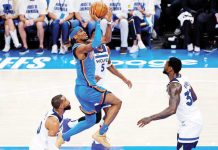 Oklahoma City Thunder's Shai Gilgeous-Alexander (2) shoots the ball against Minnesota Timberwolves' Mike Conley (10). PHOTO COURTESY OF ALONZO ADAMS/IMAGN IMAGES