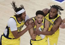 Tyrese Haliburton makes a choke gesture after leading Indiana Pacers to a comeback win over the New York Knicks. AP