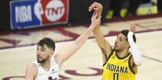 Indiana Pacers’ Tyrese Haliburton shoots against the defense of Cleveland Cavaliers' Ty Jerome. PHOTO COURTESY OF IMAGN IMAGES