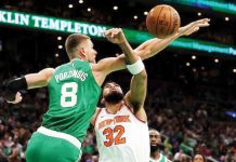 Boston Celtics’ Kristaps Porzingis foils the shot attempt of New York Knicks’ Karl-Anthony Towns. NBA PHOTO