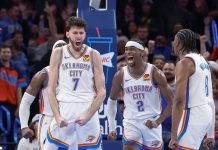 Oklahoma City Thunder's Chet Holmgren reacts after scoring a basket against Denver Nuggets. Photo courtesy of ESPN