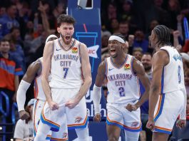 Oklahoma City Thunder's Chet Holmgren reacts after scoring a basket against Denver Nuggets. Photo courtesy of ESPN