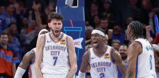 Oklahoma City Thunder's Chet Holmgren reacts after scoring a basket against Denver Nuggets. Photo courtesy of ESPN