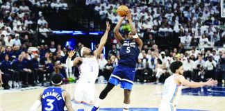 Minnesota Timberwolves’ Anthony Edwards pulls up for a shot against Oklahoma City Thunder’s Luguentz Dort. AP