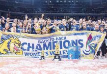 National University Lady Bulldogs celebrate their second straight UAAP women’s volleyball championship. UAAP PHOTO