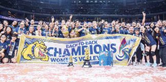 National University Lady Bulldogs celebrate their second straight UAAP women’s volleyball championship. UAAP PHOTO