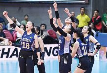 Members of National University Lady Bulldogs celebrate after earning their return trip to UAAP women’s volleyball finals. UAAP PHOTO