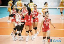 Members of the San Beda University Lady Red Spikers celebrate their second win of the season. PHOTO COURTESY OF NCAA/GMA SPORTS