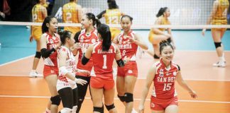 Members of the San Beda University Lady Red Spikers celebrate their second win of the season. PHOTO COURTESY OF NCAA/GMA SPORTS