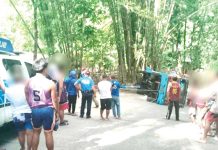 A jeepney turned on its side injuring 11 people in Barangay Cabatangan, Talisay City, Negros Occidental on Monday, May 19, 2025. PHOTO COURTESY OF GRACELYN LOBATON