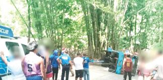 A jeepney turned on its side injuring 11 people in Barangay Cabatangan, Talisay City, Negros Occidental on Monday, May 19, 2025. PHOTO COURTESY OF GRACELYN LOBATON