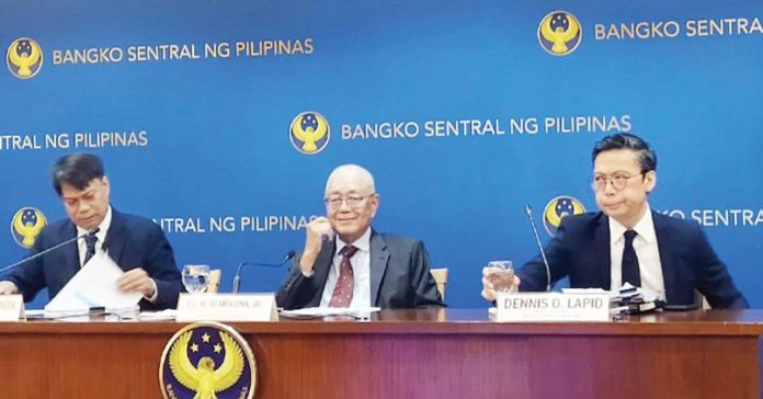 BSP-rate-cuts (From left) Bangko Sentral ng Pilipinas (BSP) Assistant Governor Zeno Abenoja, BSP Governor Eli Remolona Jr., and BSP Department of Economic Research officer-in-charge Dennis Lapid during the Monetary Policy media briefing at the BSP office in Manila on Thursday, June 19, 2025. The central bank reduced policy rates by another 25 basis points. PNA PHOTO BY ANNA LEAH GONZALES