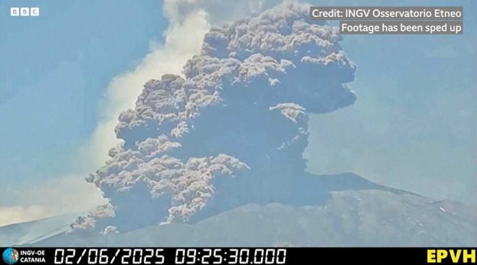 Footage shows a rapidly moving mix of ash, gas and rock - known as a pyroclastic flow - emerging from Italy’s Mt. Etna, one of the world’s most active volcanoes. BBC