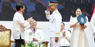 General Nicolas Torre III is seen saluting President Ferdinand “Bongbong” Marcos Jr. when the former formally assumed his post as chief of the Philippine National Police replacing his retiring predecessor General Rommel Francisco Marbil (seated, left). The change of command ceremony was held in Camp Crame yesterday morning.