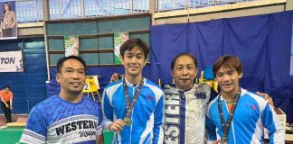 Cadiz shuttlers Lovic Javier (second from left) and Cris Ivan Dosano (right) won gold and silver, respectively, for Western Visayas region in the Palarong Pambansa badminton secondary boys in Ilocos Norte. LOVIC JAVIER PHOTO