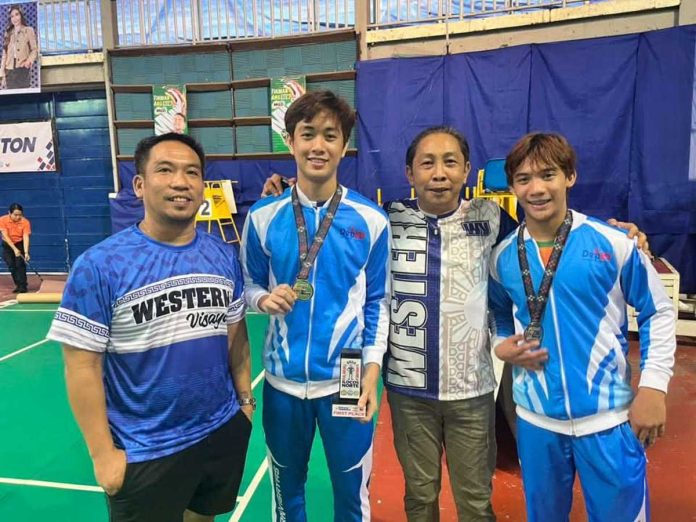 Cadiz shuttlers Lovic Javier (second from left) and Cris Ivan Dosano (right) won gold and silver, respectively, for Western Visayas region in the Palarong Pambansa badminton secondary boys in Ilocos Norte. LOVIC JAVIER PHOTO