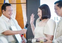 Iloilo City’s Mayor-elect Raisa Treñas-Chu takes her oath of office, with husband Francis by her side and father Mayor Jerry Treñas holding the microphone for her. Regional Trial Court Executive Judge Rose Edith Togonon (not in photo) administered Treñas-Chu’s oath. ILOILO CITY PIO PHOTO