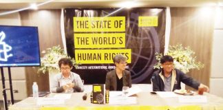 Regional Director Jonnie Dabuco (right) of the Commission on Human Rights – Western Visayas, with Amnesty International Philippines representatives Jepie Papa (left) and Lorena Navallasca (center), underscores the need to view climate change as a human rights issue during a press briefing on the “State of the World’s Human Rights” in Iloilo City. AJ PALCULLO/PN