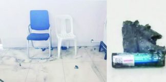 A 72,000 multimillionaire (mAh) power bank owned by a female passenger explodes at the Initial Security Screening Checkpoint (ISSCP) of Roxas Airport on Tuesday morning, June 24, 2025. CAAP PHOTO