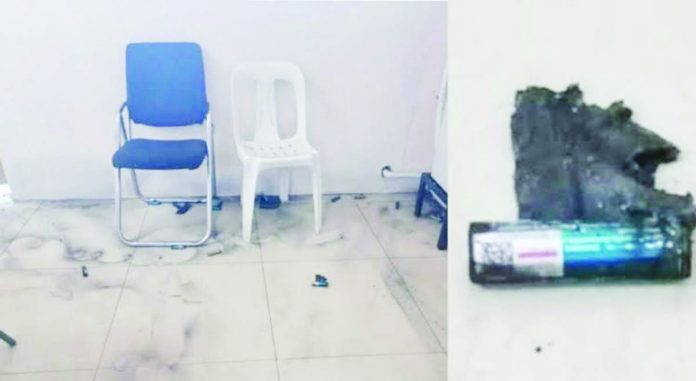 A 72,000 multimillionaire (mAh) power bank owned by a female passenger explodes at the Initial Security Screening Checkpoint (ISSCP) of Roxas Airport on Tuesday morning, June 24, 2025. CAAP PHOTO