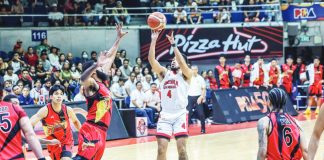 Barangay Ginebra San Miguel Kings’ Rhon Jay Abarrientos pulls up for a shot against the defense of San Miguel Beermen’s Moala Tautuaa. PBA PHOTO