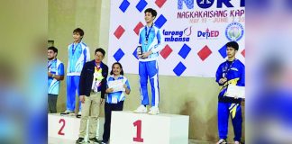 Lovic Javier (center) and Cris Ivan Dosano (left) – Cadiz City shuttlers – won gold and silver, respectively, for Western Visayas Region in the Palarong Pambansa Badminton Secondary Boys in Ilocos Norte recently. LORDAN SUN PHOTO