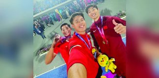 Filipino pole vaulter Ernest John Obiena is pictured with China’s Huang Bokai and Thailand’s Patsapong Amsamarng. PHOTO COURTESY OF EJ OBIENA