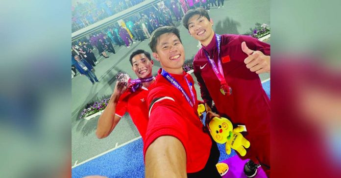 sports EJ 1_superimposed Filipino pole vaulter Ernest John Obiena is pictured with China’s Huang Bokai and Thailand’s Patsapong Amsamarng. PHOTO COURTESY OF EJ OBIENA