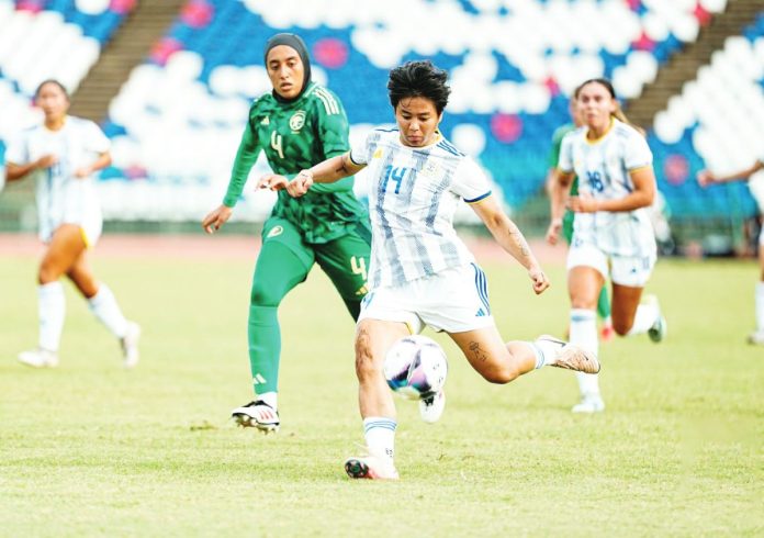 Philippine women’s football team’s Jacklyn Sawicki tries to chase the ball. PHOTO COURTESY OF TIEBREAKER TIMES