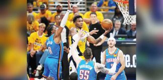 Indiana Pacers’ Bennedict Mathurin goes up for a layup in between Oklahoma City Thunder defenders. GETTY IMAGES