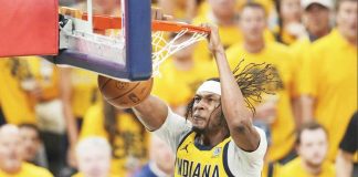 Indiana Pacers center Myles Turner soars for a two-handed dunk. AP