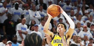 Indiana Pacers’ Tyrese Haliburton connects a game-winning basket against the defense of Oklahoma City Thunder's Cason Wallace. GETTY IMAGES