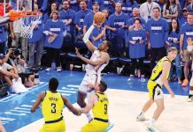 Oklahoma City Thunder’s Jalen Williams soars for an inside basket against the defense of Indiana Pacers’ Thomas Bryant and TJ McConnell. GETTY IMAGES