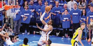 Oklahoma City Thunder’s Jalen Williams soars for an inside basket against the defense of Indiana Pacers’ Thomas Bryant and TJ McConnell. GETTY IMAGES