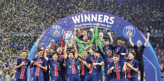 Paris Saint-Germain FC celebrate their UEFA Champions League win. PSG PHOTO