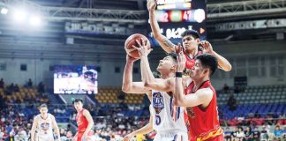 Rain or Shine Elasto Painters’ Jhonard Clarito and Leonard Santillan try to block the shot of NLEX Road Warriors’ Javee Mocon. PBA PHOTO