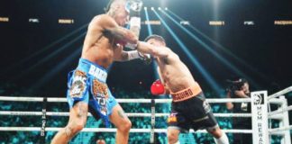 Manny Pacquiao (right) and Mario Barrios trade punches in a heated exchange during their WBC welterweight title bout at the MGM Grand in Las Vegas on Sunday (Manila time, July 20, 2025). The 46-year-old Filipino legend showed flashes of his signature speed and aggression, but Barrios, 16 years Pacquiao’s junior, weathered the storm and answered back with sharp jabs and well-timed counters, keeping the bout close. PHOTO COURTESY OF PREMIER BOXING CHAMPIONS