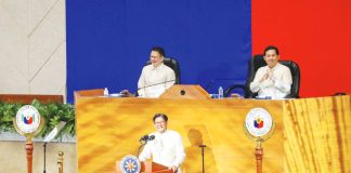 President Ferdinand “Bongbong” Marcos Jr. highlights key initiatives of his administration during his fourth State of the Nation Address at the Batasang Pambansa Complex in Quezon City, on Monday, July 28, 2025. Behind the President are Senate President Francis Escudero (left) and House Speaker Martin Romualdez.