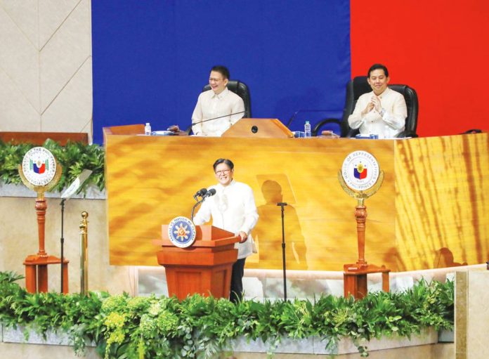 President Ferdinand “Bongbong” Marcos Jr. highlights key initiatives of his administration during his fourth State of the Nation Address at the Batasang Pambansa Complex in Quezon City, on Monday, July 28, 2025. Behind the President are Senate President Francis Escudero (left) and House Speaker Martin Romualdez.