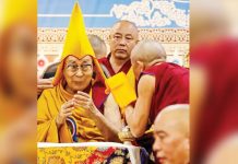 Tibetan spiritual leader the Dalai Lama (center) attends a Long Life Prayer offering ceremony at the Main Tibetan Temple in McLeod Ganj, near Dharamsala on June 30, 2025. The Nobel Peace Prize-winning spiritual head of Tibetan Buddhism reaches a milestone this week. AFP