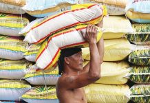 A worker loads a sack of rice in Manila as the Department of Agriculture announces a reduction in the maximum suggested retail price for imported rice to P43 per kilogram starting July 16, 2025. INQUIRER PHOTO / NINO JESUS ORBETA