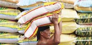 A worker loads a sack of rice in Manila as the Department of Agriculture announces a reduction in the maximum suggested retail price for imported rice to P43 per kilogram starting July 16, 2025. INQUIRER PHOTO / NINO JESUS ORBETA