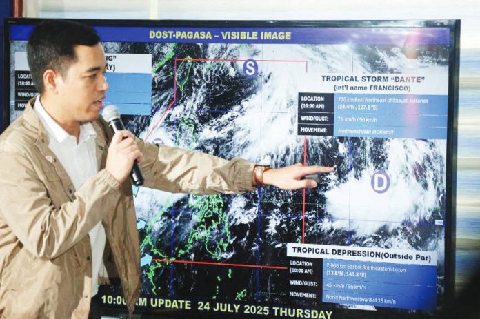 neljoy_combined_effects_copy_resized Weather specialist Benison Estareja reports updates on Tropical Storm “Dante” and Typhoon “Emong” from the Philippine Atmospheric Geophysical and Astronomical Services Administration’s forecasting center in Quezon City. PNA